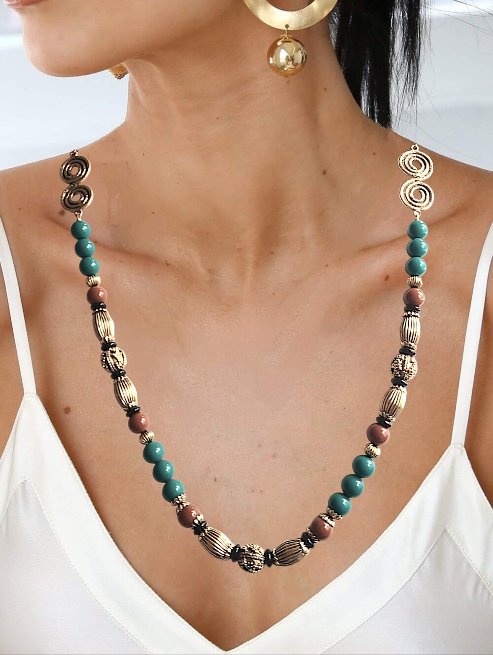 Teal, Gold, & Brown Beads Long Necklace | 1928 Brand  | 39" Long | NWOT